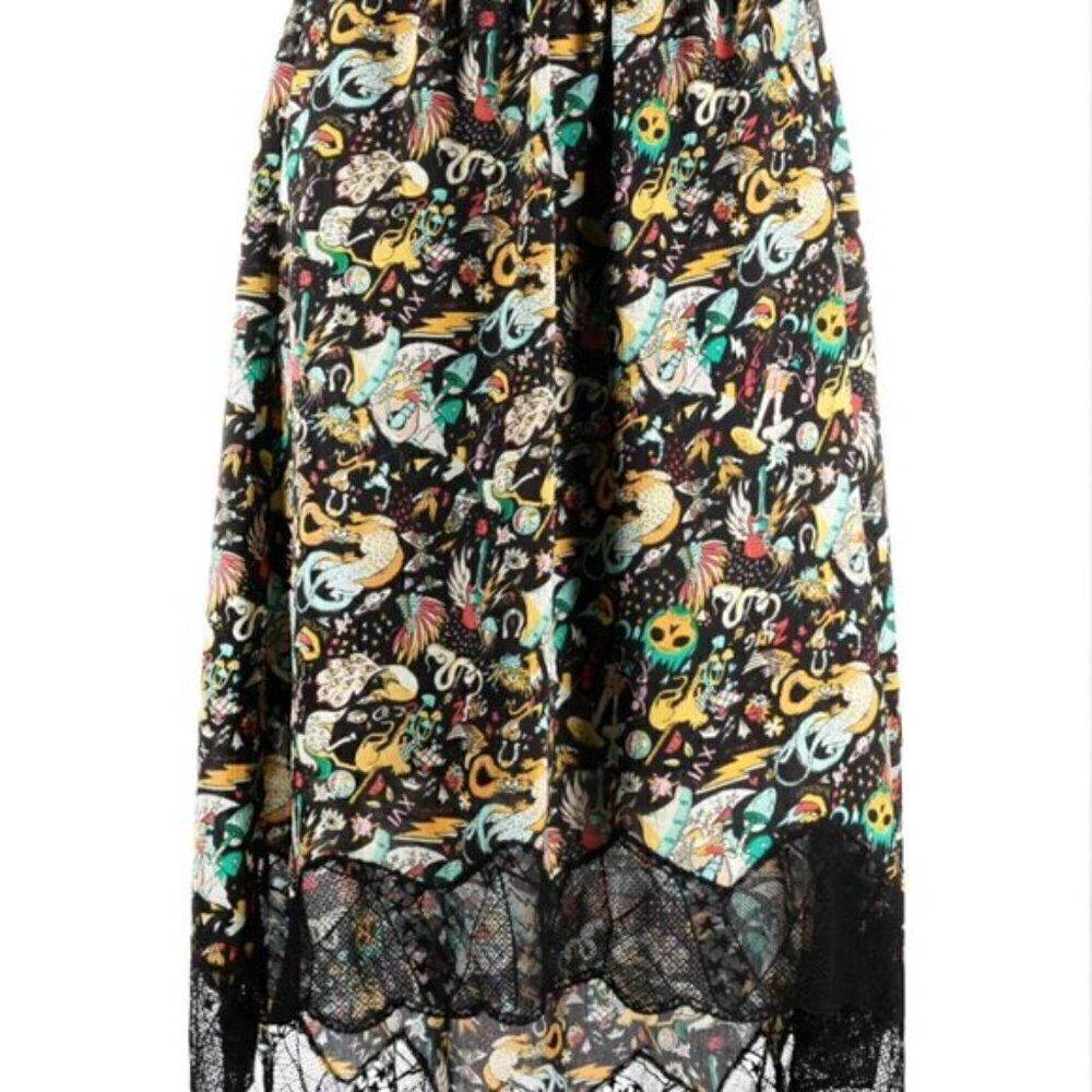 Zadig & Voltaire Skull Print High Low Midi Skirt Lace Hem Boho Gothic Designer - Picture 5 of 15